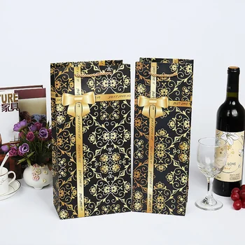 10шт Черно-червена Подарък кутия, Плик за вино, Единична Двойна бутилка, Подарък титуляр със златна панделка и лък, Коледа, Нова година