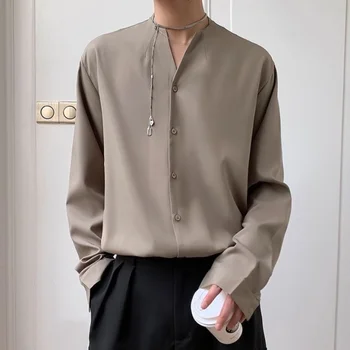 2023 Пролет-Лято Темперамент Мъжки дрехи Ретро обикновен дълъг ръкав V-образно деколте Красива тенденция Свободна риза корейската версия