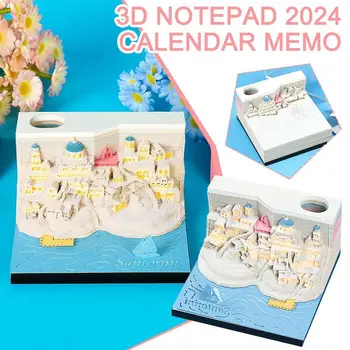 2024 Настолен Календар 3D Бележник Със Светлината на Замъка Санторини 3D Хартиени Изделия-Блестяща Украса на Маса за Офис Начало Декор Подарък на Приятел