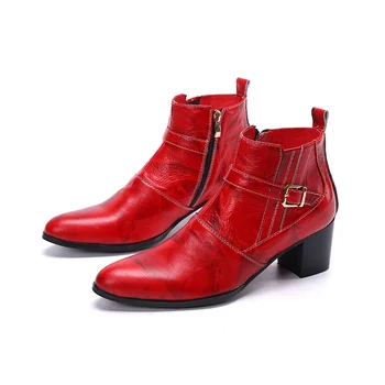 Batzuzhi/ Модни Обувки в Британския стил; Мъжки Ботильоны от естествена кожа С остри пръсти На висок ток 7,5 см; Червени Вечерни и Сватбени Botas Hombre, 38-46