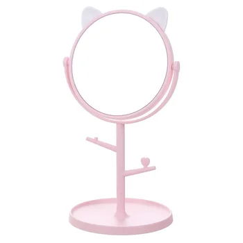DSHOU137 Розовото огледало с кошачьими уши, десктоп основание за плотове, използвани за баня, Нормално огледало за грим с рафтове за бижута и козметика