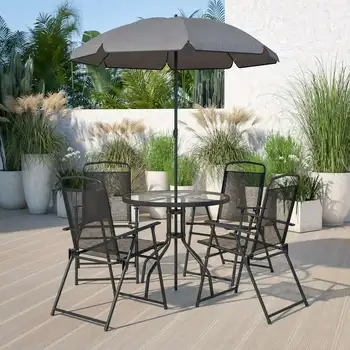 Nantucket Черен градински комплект за двор от 6 теми с масичка-чадър и набор от 4 сгъваеми столове