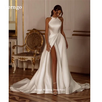Verngo 2023, Нови сватбени рокли трапецовидна форма от сатен с добро качество, перли с висока воротом, струята с цепка, сватбени рокли с лък отзад, Vestidos