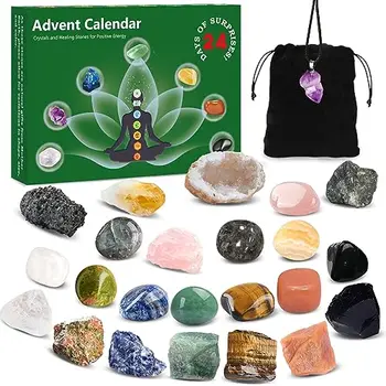 Адвент-календар 2023 Кристали и скъпоценни камъни-24 дни на броене на Коледа с набор от исцеляющих кристали Chakra Стоунс