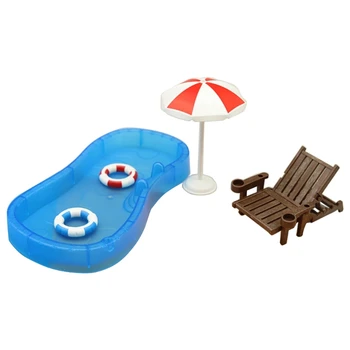 Аксесоари за куклата къща Плажна тема Миниатюрен басейн, плажен стол, Плажен комплект за детски игри, декорации за куклена къща