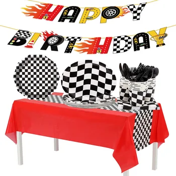 Аксесоари за партита в клетка за състезателни коли, украса за рожден Ден на Hot Wheels, Банер, вимпел, балони, Покривка, чинии, екстри, Подаръчни пакети
