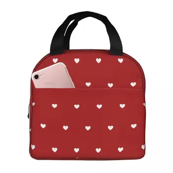 Бели сърца на червен фон, чанта за обяд, преносим изолиран хладилник, термос за пикник за обяд-бокс за жени и деца