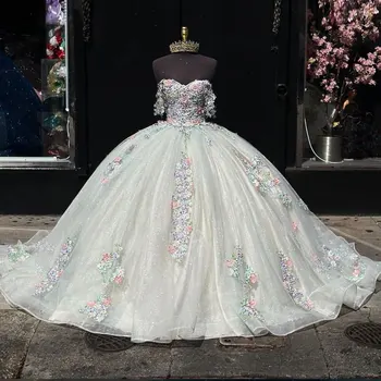 Буйни рокля с цветя модел цвят на Слонова Кост 2024 С открити рамене XV Dress Para Eventos Especiale Sweet 16 Princess Vestido De 15 Quinceañeras