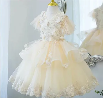 Вечерна рокля за момичета с аппликацией и бродерии под формата на летни цветя, детски рокли за принцеси, за сватба, рожден ден, премяна