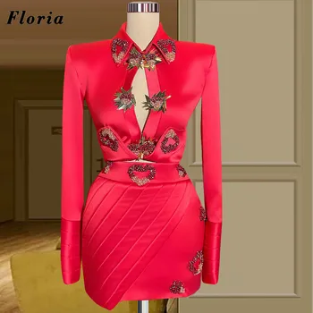 Вечерни рокли Floria Red с дълги ръкави за сватбени партита на Най-новия коктейл рокля от Дубай с мъниста и перли От висшата мода Рокля знаменитост