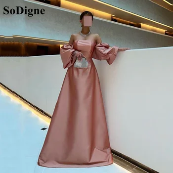Вечерни рокли SoDigne прашни розов цвят, в арабски стил С открити рамене, сатенени Дълги дамски рокли за абитуриентски бал, вечерна рокля Robe De Soiree