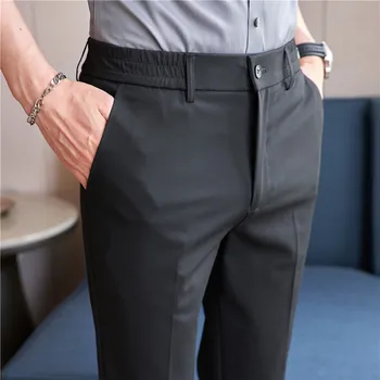 Висококачествени Мъжки Панталони, Големи размери, Приталенная Бизнес Официалната дрехи, Мъжки Ежедневни панталони с еластичен ластик на талията, Мъжки Тънки Памучни панталони