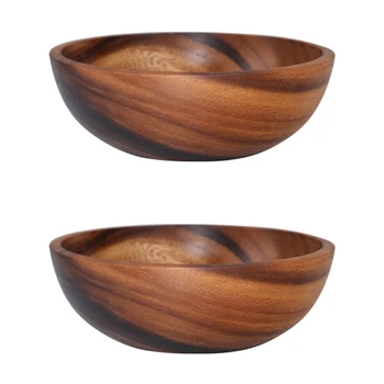 Гореща 2x Естествена Дървена салатница ръчно изработени Класически Голяма кръгла салатница за супа, Купи за хранене, чинии, Дървени кухненски прибори