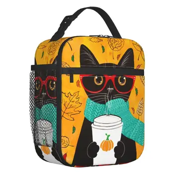 Дамски чанта за обяд с изолация на Black Cat, фланец термоохладитель за кафе с есента тиква, Кутия за обяд, на офиса, на Работа, на училище
