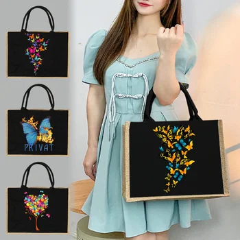 Джутовая чанта, Бельо чанта през рамо, чанти с имитация на юта, спално бельо, чанти, Дамски чанти, за пазаруване, чанти-тоут с шарени пеперуди 2023