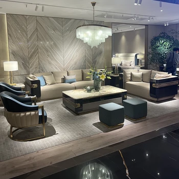 Дизайнерски мебели по поръчка италианската светла луксозна вила хол с одноместной двойно легло и три кожени дивани, в комбинация