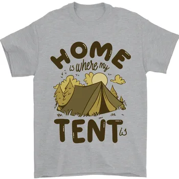 Домът е мястото, където моята палатка, Забавна мъжка тениска за къмпинг от 100% памук с дълъг ръкав