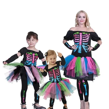 Дъга рокля с виртуален скелет за жени и момичета, подходящо облекло за cosplay на Хелоуин, празничен костюм за деца, празничен костюм