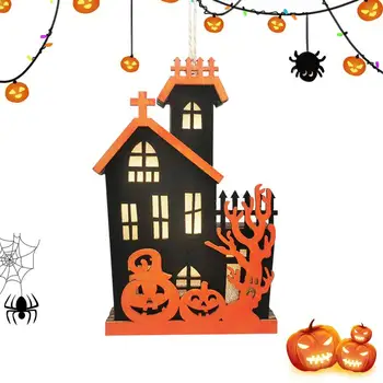 Дървени висящи от духове къща, фенери за Хелоуин, окачени фенери на батерии, тыквенная лампа за Хелоуин