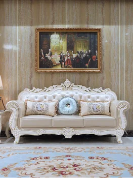 Европейският кожен диван 123 комбинирана мебели за хола вили, френски луксозен издълбани диван от масивно дърво от бяла телешка кожа