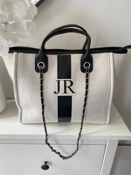 Индивидуална холщовая чанта с монограм кремаво и черно райе, оригинална чанта, плажна чанта, подарък за булката, чанта на верига за рожден ден