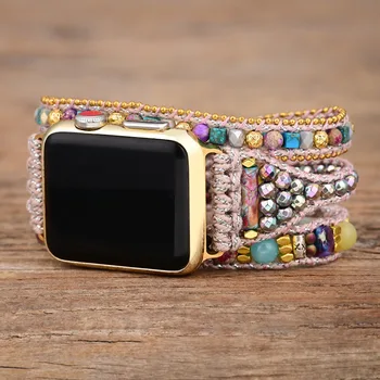 Каишка от Естествен Камък за Apple Watch Band 7 6 5 4 SE 38 40 41 42 44 45 mm Мъниста Boho 3X Амбалажна Въже Гривна Подарък Аксесоар