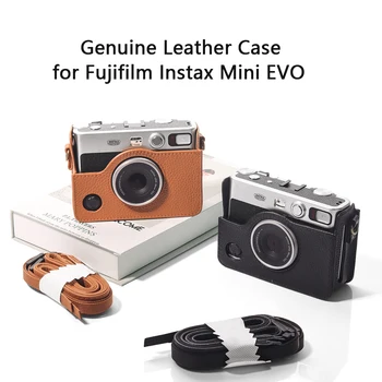 Калъф от естествена кожа в ретро стил за фотоапарат миг печат Fujifilm Instax Mini EVO, чанта за съхранение, мека защитна обвивка с пагон