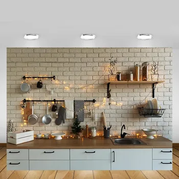 Коледен кухненски фон Mehofond Бял шкаф Тухлена стена Блестящи светли фонове, за снимки на Декорации за фото студио подпори
