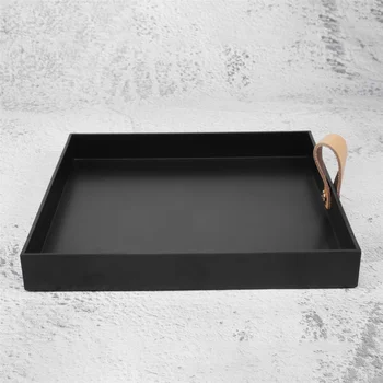 Креативен квадратен сервировочный тава за от изкуствена кожа, декоративна чиния за козметика и най-малкия детайл, настолна чиния за съхранение с дръжка (черен)