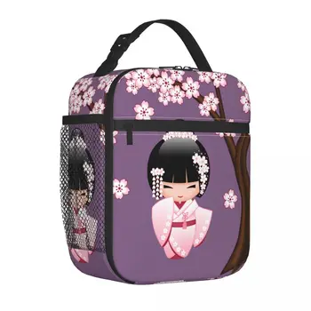 Кукла Кокеши в бяло кимоно, изолирано чанта за обяд, сладко малко момиче-гейша, кутия за съхранение на продукти, преносим хладилник, термокоробки за обяд в училище