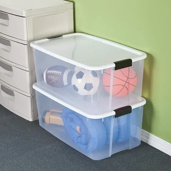 Кутия за съхранение с прозрачна бяла капак, Штабелируемый кутия за съхранение с капак Пластмасов контейнер с мощен шут за организацията Организатор