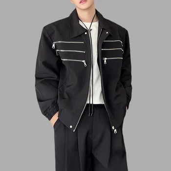 Луксозен Мъжки однотонная яке с метален цип, наплечник, на ревера, Градинска дрехи с дълъг ръкав, Мъжки палта, Модни Свободна Ежедневни връхни дрехи