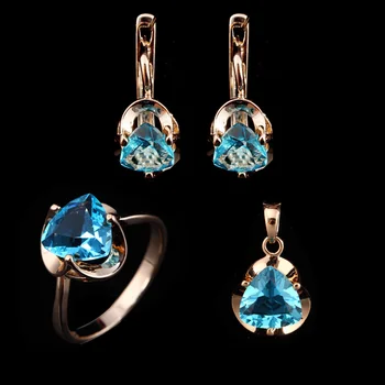 Луксозни модни комплекти, обици и бижута, модни пръстени и колиета от злато проба 585 със син камък под формата на сърце, женски аксесоари