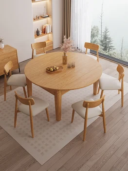 Маса за хранене от масивно дърво, стил естествен дървен стол в бяло вощеного дърво, Скандинавски телескопична сгъваема маса за хранене от масивно дърво