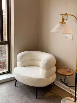 Модерен крем диван-стол от кадифе агне за един човек, мрежест червен стол за грим, разтегателен за мързелив човек в хола, лесен и всекидневни