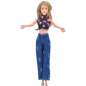 Модерен украшение за ръчно изработени кукли Барби, черно кратък топ без ръкави с цветен печат и дънкови панталони, облекло за кукли Барби 1/6, аксесоари за кукли