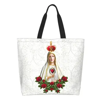 Модерна чанта за пазаруване на Дева мария от Фатима, Дева Мария, за Многократна употреба Португалски Броеници, католически продукти, холщовая пазарска чанта на рамото