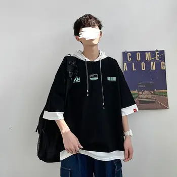 Мъжки hoody Harajuku oversize с качулка, фалшива тениска от две части, с къси ръкави, 2021 нова лятна хонг конг мода, тениски в стил хип-хоп BF