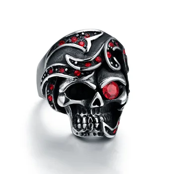 Мъжки байкерское пръстен с череп от неръждаема стомана, червено кубичен цирконий, камък за очи, Черни пръстени в готически стил в стил пънк, реколтата, бижута вечерни anillos