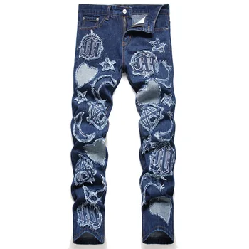 Мъжки дънкови панталони в стил хип-хоп в стил пънк, улични скъсани дънкови панталони директно намаляване в стил мозайка