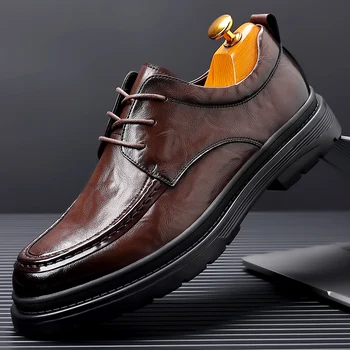 Мъжки ежедневни обувки, кожени мъжки обувки изработени ръчно с метална катарама, нескользящая обувки на равна подметка дантела, градинска банкетная мъжки обувки за сватбени партита