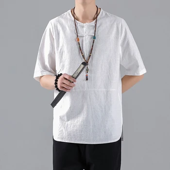 Мъжки жаккардовая реколта тениска с къс ръкав Sinicism, Лятна Тениска с кръгло деколте и копчета, мъжки китайски костюм от епохата на Тан, всеки ден на върховете на M-5XL