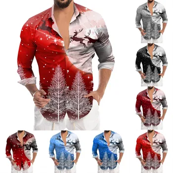 Мъжки Коледна Дигитален 3D-печат, празнична риза с ревера и бутони с дълъг ръкав, Ежедневни риза Оверсайза, Мода, ризи, Блузи, винтидж