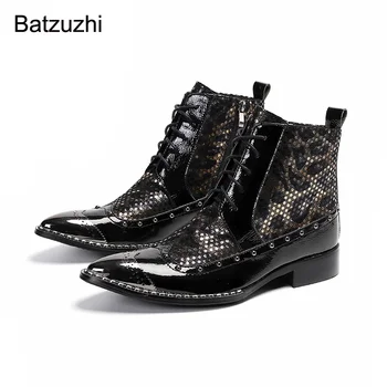 Мъжки обувки Batzuzhi в британския стил, красиви ботильоны от черна кожа с остър метален пръсти, мотоциклетни / вечерни обувки с дантела, 38-46