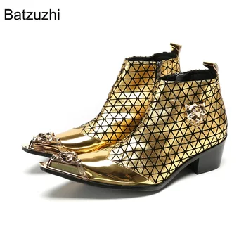 Мъжки обувки Batzuzhi Височина 6,5 см, Луксозни Мъжки Кожени Ботильоны Ръчно изработени, Мъжки Златни обувки с цип, Модни Вечерни и сватбени Обувки за мъже