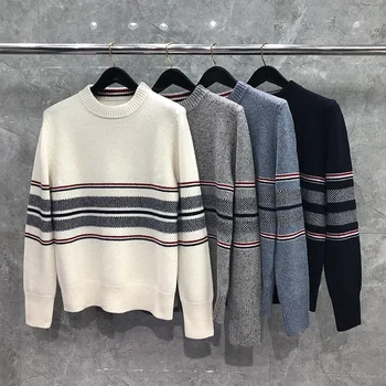Мъжки пуловер през пролетта и есента стил, Класически вязаный пуловер, Корейски топ с кръгло деколте и долната ивица, палта на луксозна марка, пуловер TB