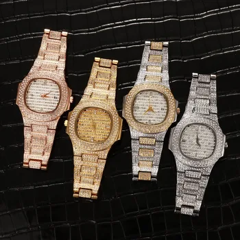 Мъжки часовник в стил хип-хоп, Луксозни кварцов ръчен часовник с дата, гривна-верига Micro Pave CZ, бижута Мъжки, Златист Цвят, Розов