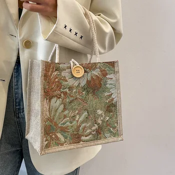 Нова бельо холщовая чанта, дамска чанта с абстрактни цветя, чанти голям капацитет, ежедневна чанта с катарама, множество чанта за пазаруване, преносима чанта