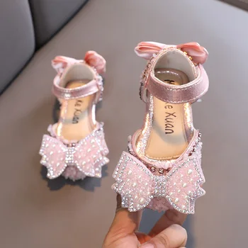 Нова детска кожа обувки с кристали и бантиком подметка; танцови обувки за момичета на принцеси; Детски студентски обувки на плоска подметка; Детски обувки за говорене;