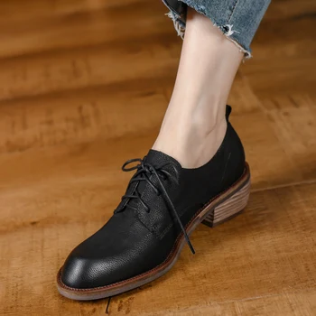 Обувки в стил ретро На среден Ток 5 см, Универсална Ежедневни Обувки От Телешка Кожа, Дамски Проста Обувки, Oxfords За Жените, Обувки на Токчета в Основния стил